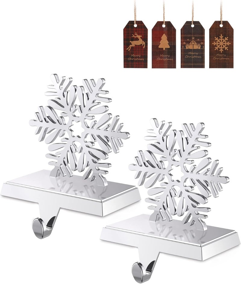 Jetika Christmas Stocking Holders for Mantle Set of 2, Snowflake Stocking Hanger for Mantel Weighted Heavy Metal Stocking Hook Stand for Fireplace Christmas Decorations Indoor Holiday Decor, 2-Pack - Image 1